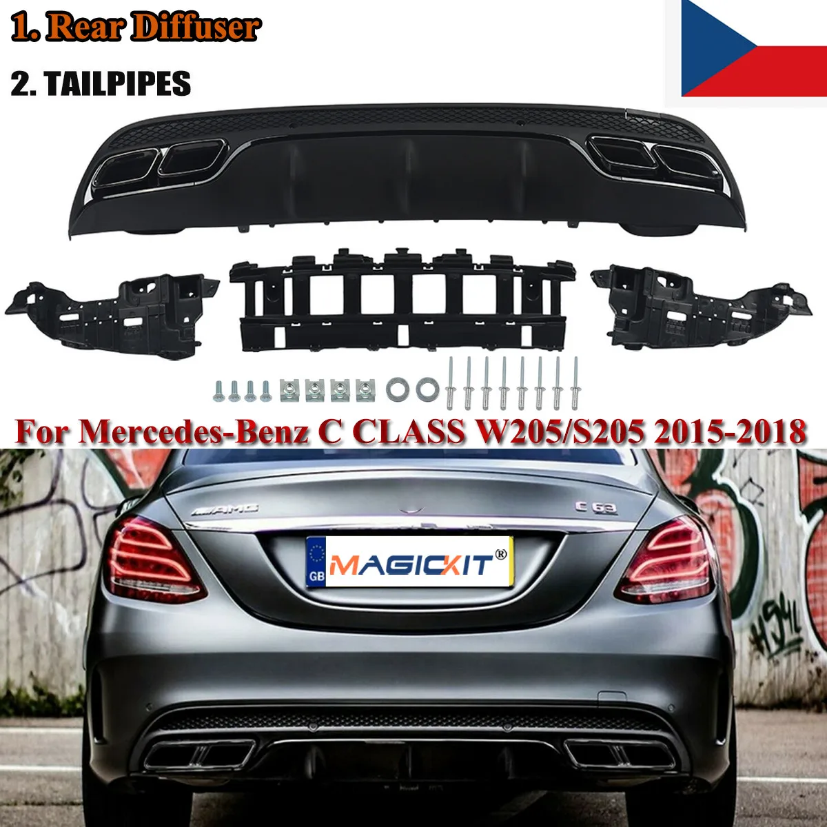 MagicKit бампер AMG диффузор 4 выход советы выхлопных газов для Mercedes Benz W205 C200 C300 2014