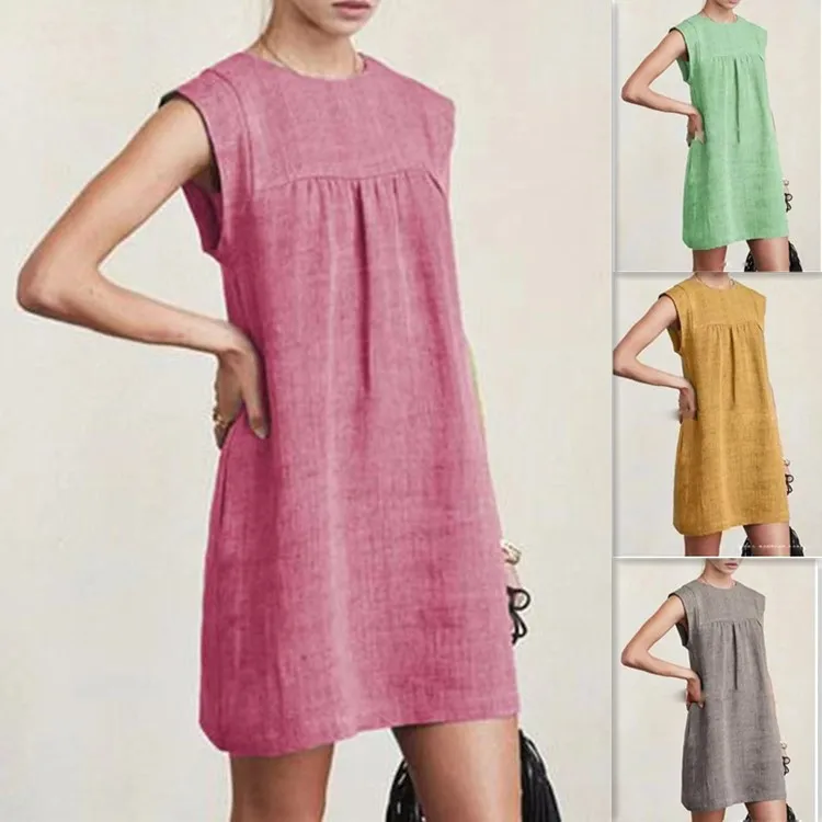 

2021 Loose Women's Casual Cotton Linen Solid Color Dress Summer Elegant Ladies Slim Office Dress Vestidos Mujer Plus Size