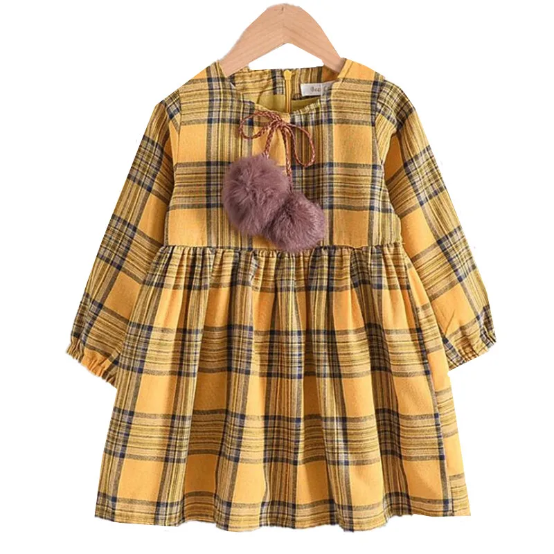 

Baby Girls Fall Dress New Party Plaid Dress Girls Fluffy Ball Clothing Long Sleeve Children Cute Clothing Kids Children Clothes