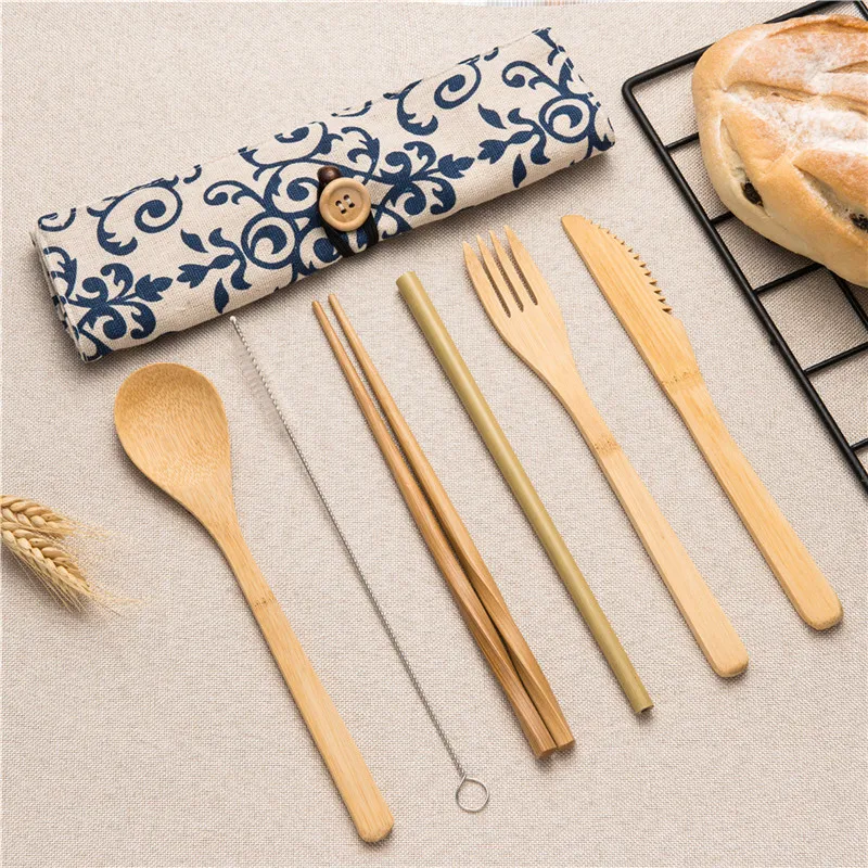 

Bamboo Cutlery Wooden Travel Flatware Set Reusable Utensils with Pouch Camping Zero Waste Fork Spoon Knife Flatware Dining Sets