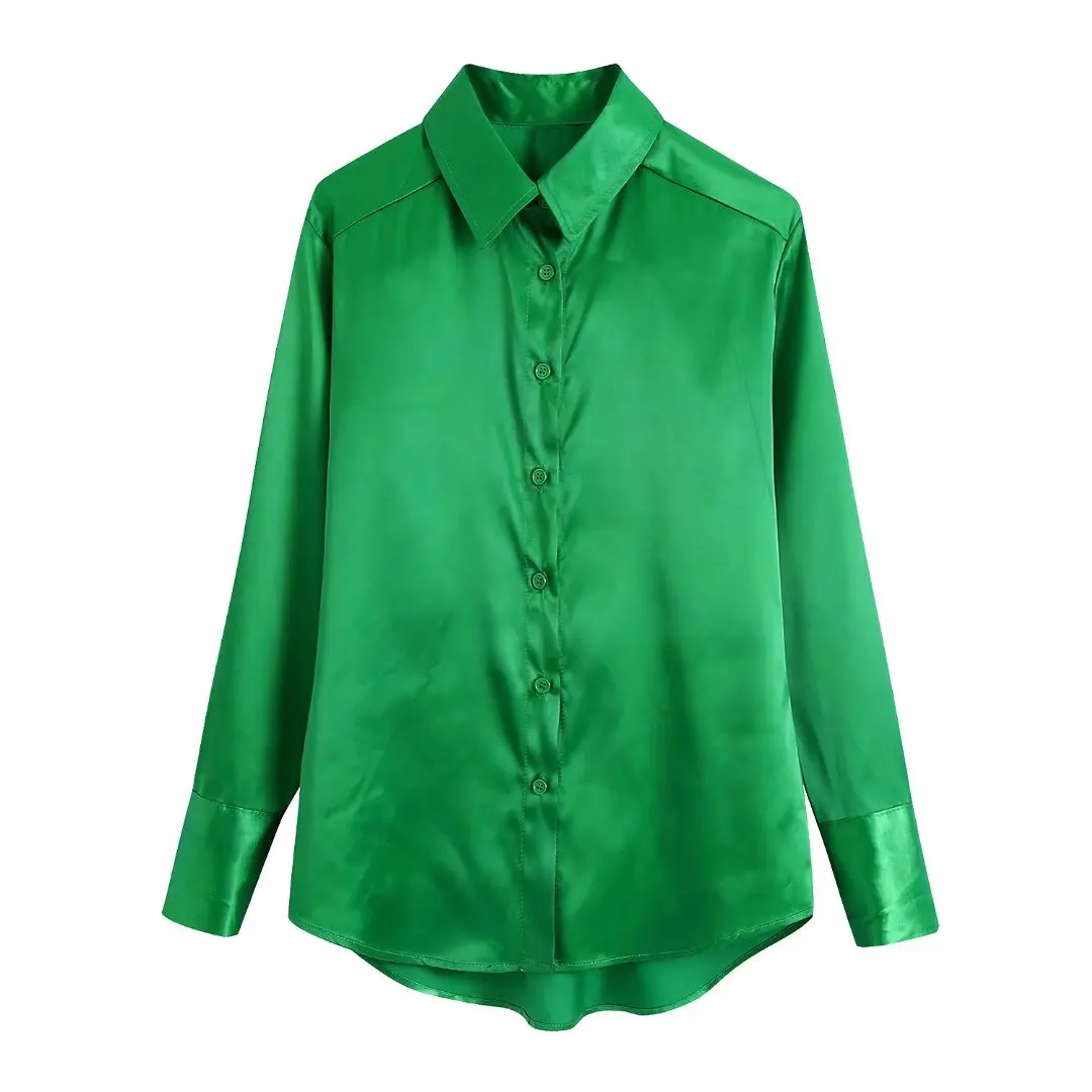 

2021 Autumn Women Green Satin Shirt Blouse Long Sleeve Chic Female Office Lady Tops
