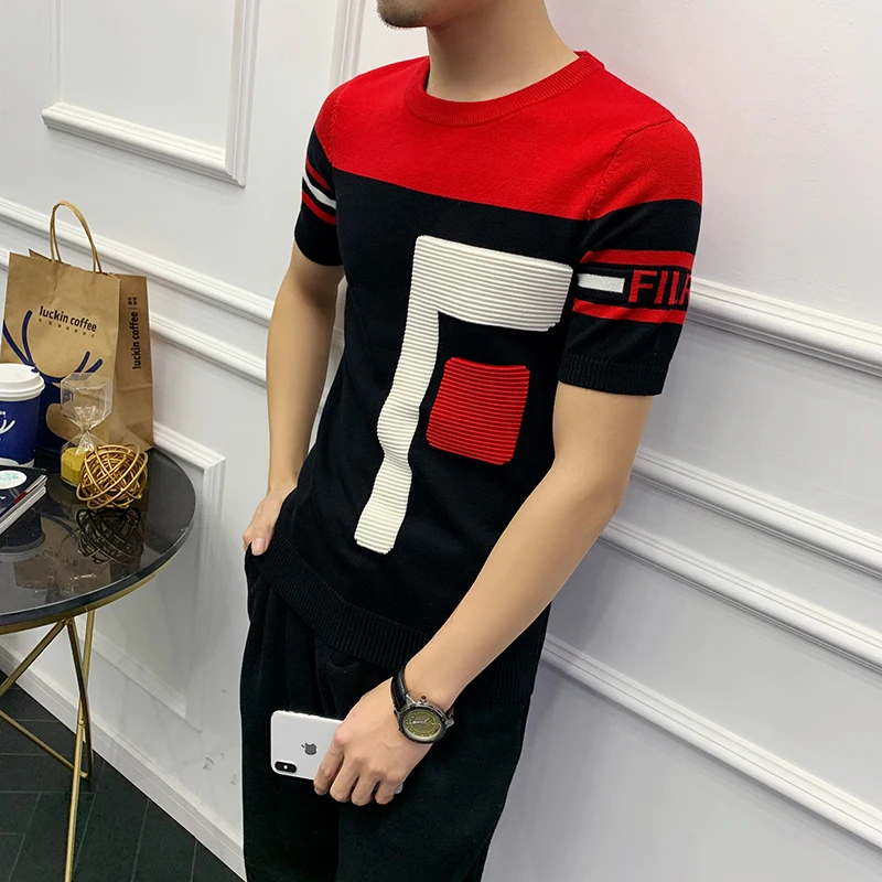 Футболка мужская с круглым рукавом трикотажная рубашка жаккардовым