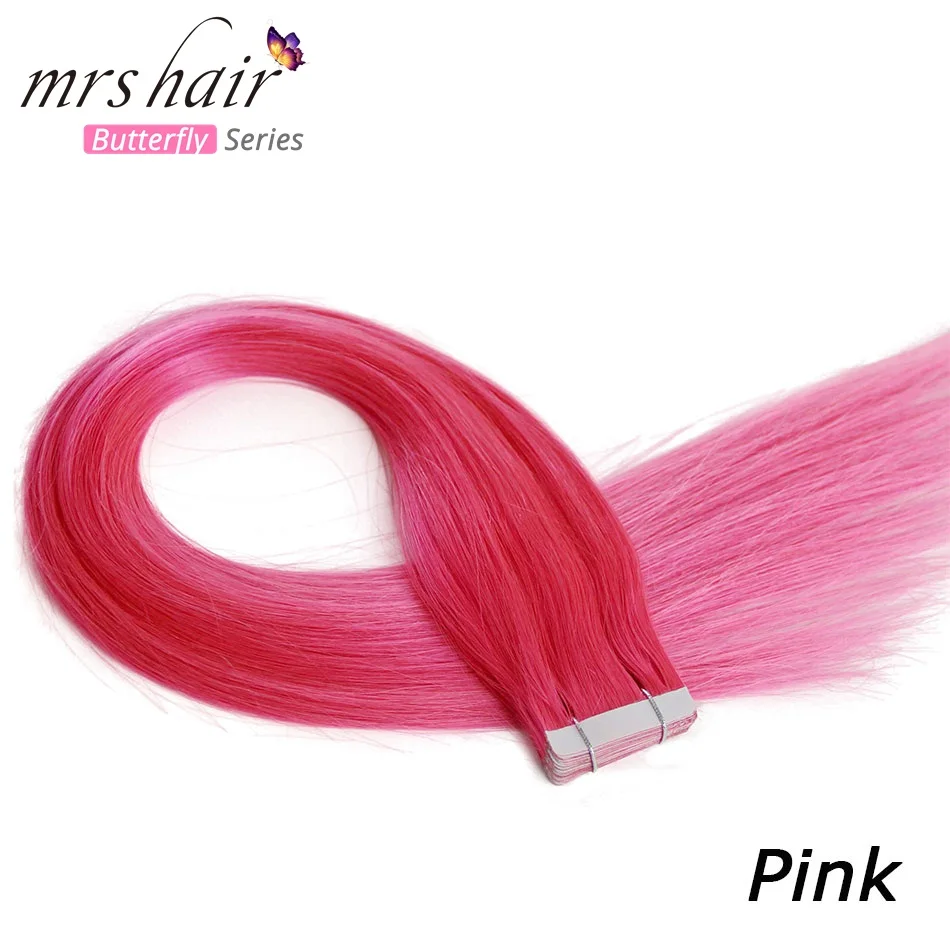 MRSHAIR, цветные человеческие волосы на Клейкой Ленте, двухсторонняя кожа, уток, ПУ волосы, не Реми, красные, фиолетовые, синие, розовые, серебряные