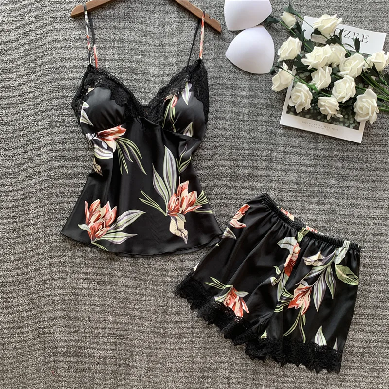 Lisacmvpnel Sexy Lace Pajamas Suit Imitate Real Silk Camisole Shorts Twinset Woman Printing | Женская одежда