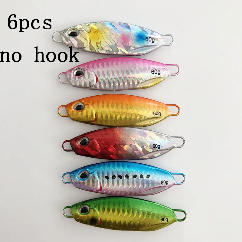 6pcs no hook1 6 шт./лот, 10, 15 г, 20 г, 30 г, 40 г, 60 г, ложка, металлический джиг, тройной крючок, искусственная приманка, свинцовая, морская, для ловли на окуня, для рыбалки на суше, приманка для джигинга - Цвет: 6pcs no hook1