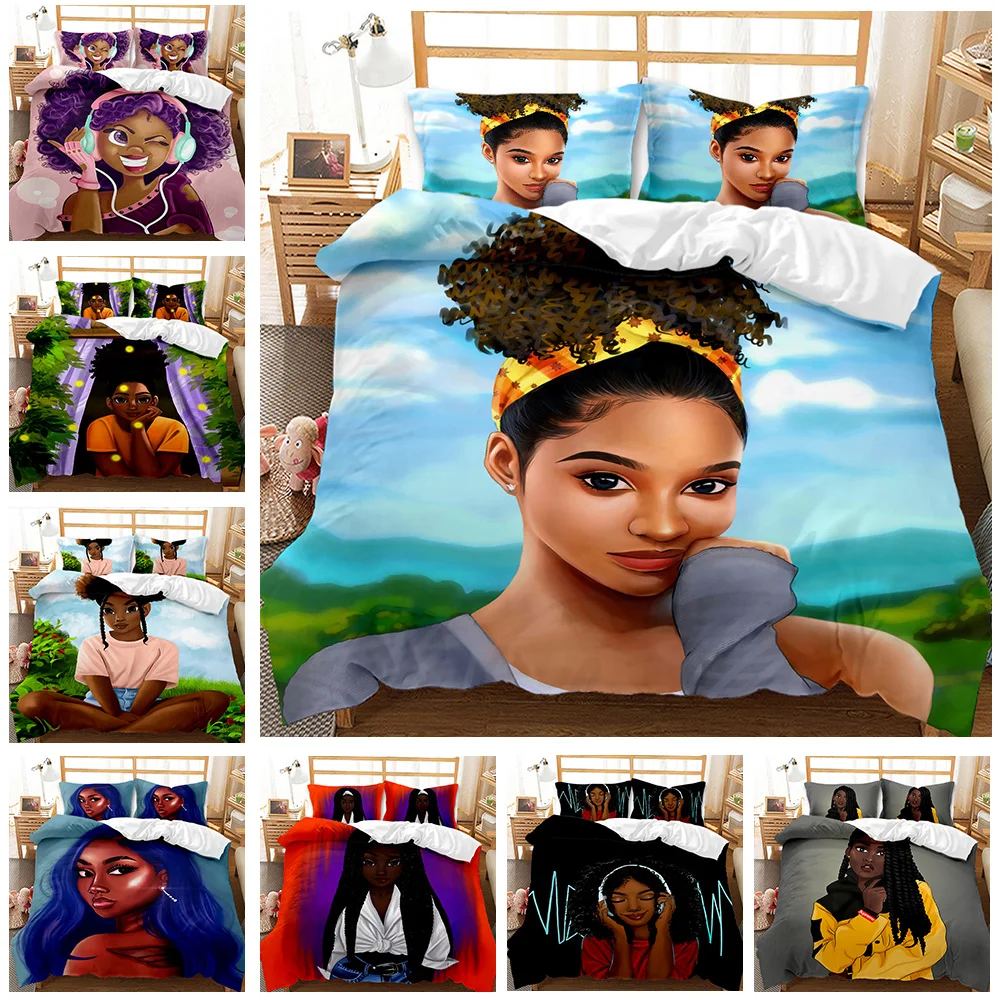 

Black Girl Bedding Sets Cute Cartoon Print Duvet Cover Character Quilt Cover Queen King Size Comforter Cover Home Textiles