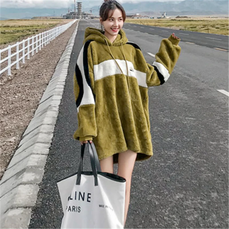 Женская длинная плюшевая толстовка свободное плюшевое пальто с капюшоном