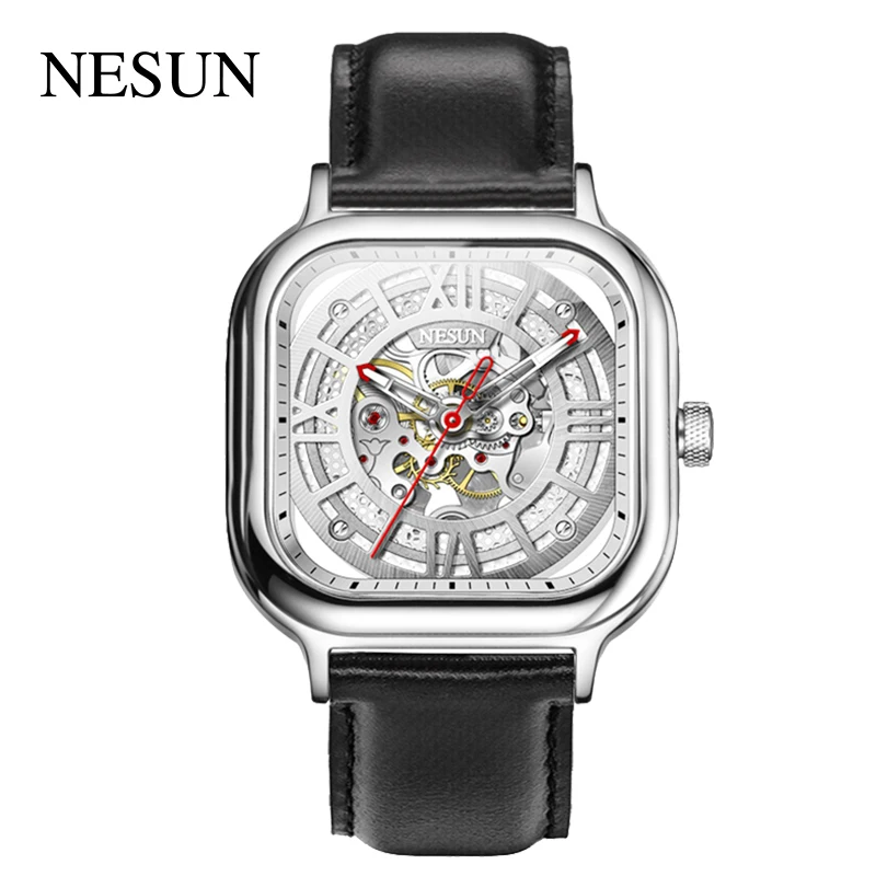 

Швейцарский роскошный бренд Nesun, оригинальные мужские автоматические повседневные наручные часы-скелетоны, прямоугольные новые деловые механические ажурные