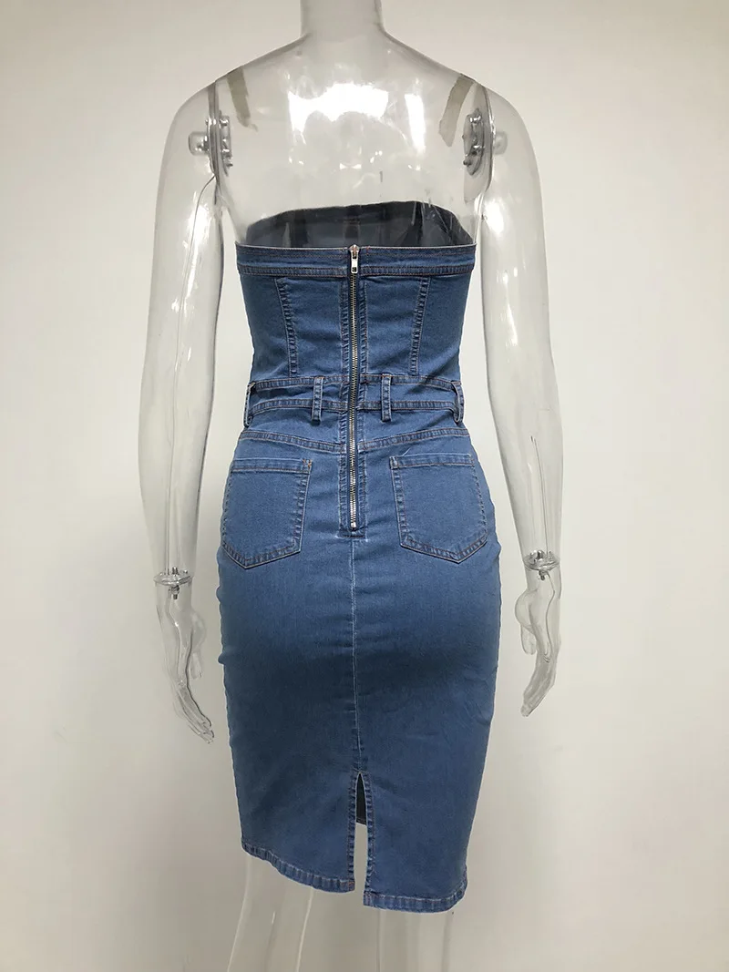 

women strapless summer denim dress bodycon backless sexy street wear classic casual ladies outfit blue tube vestidos