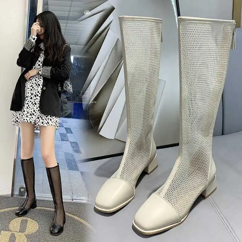 

Net boots female 2021 spring new cool boots Korean fashion versatile hollow out thick heel temperament high heel breathable