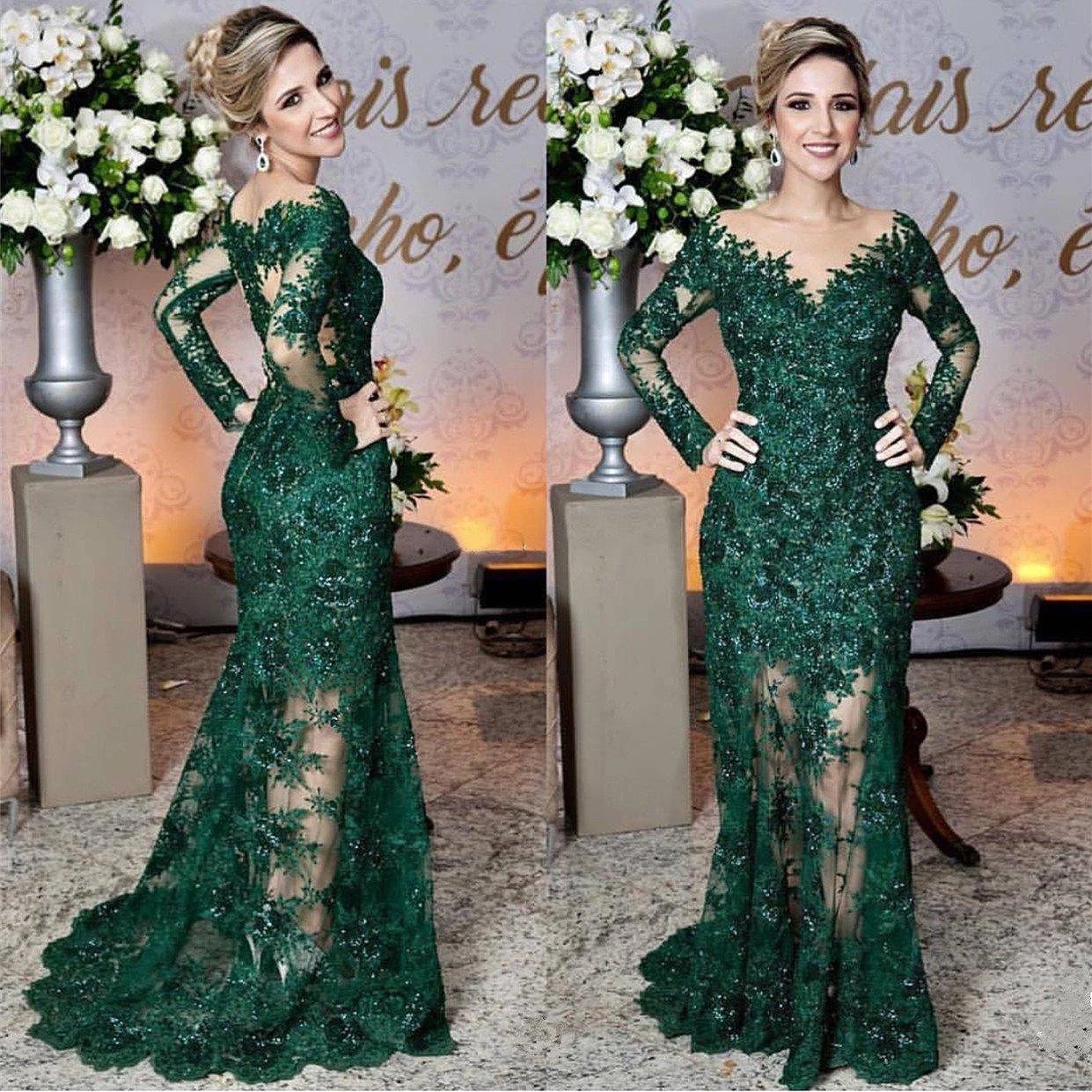 

Sexy Mermaid Prom Dress Sweep Train Lace Beading Sequined Floral Print Wedding Party Guests Dress Long Sleeves Celebrity Evening