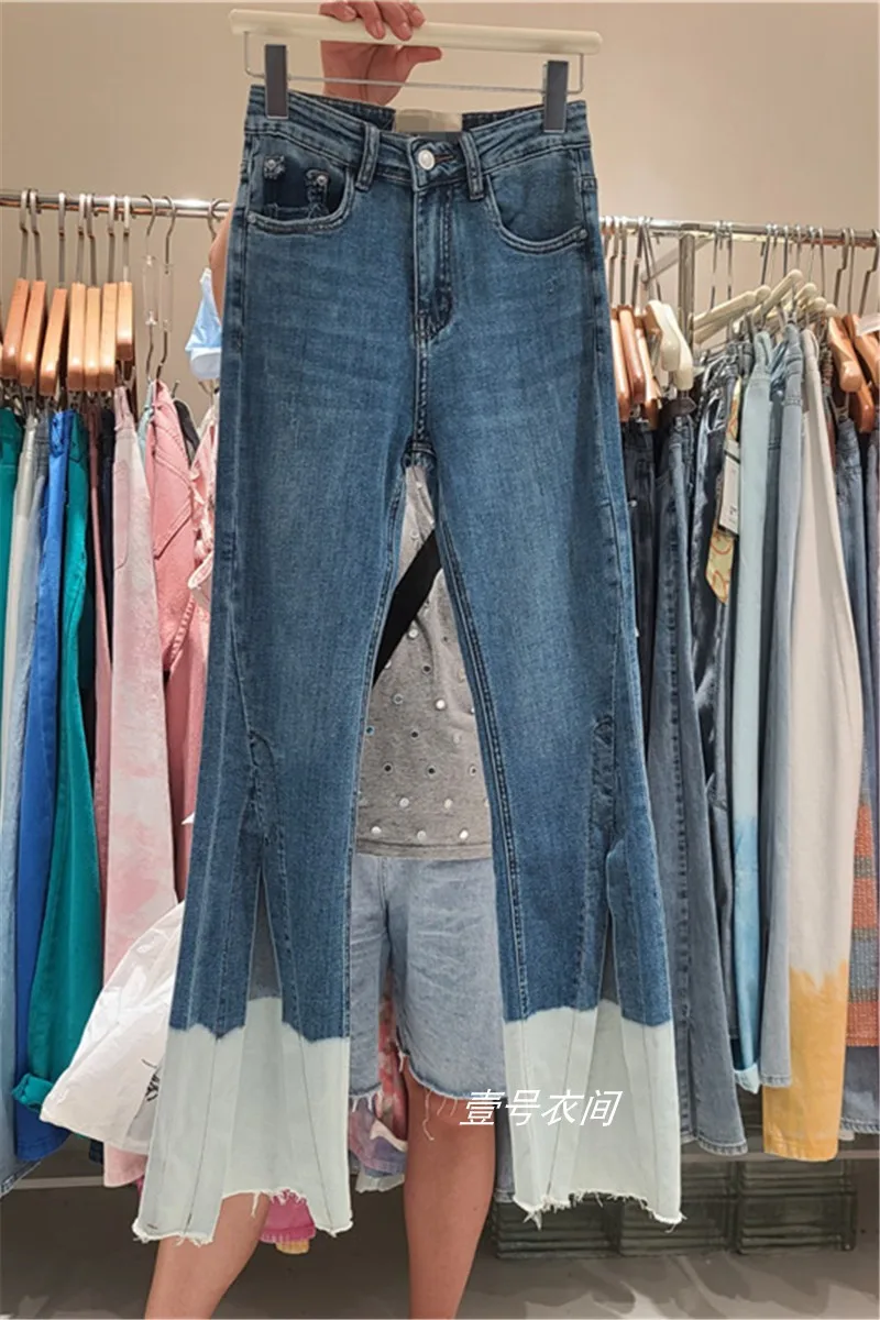 

2021 Summer New Korean Style High Waist Jeans Slimming Fashionable Contrast Color Denim Pants Female Patchwork Slit Trousers