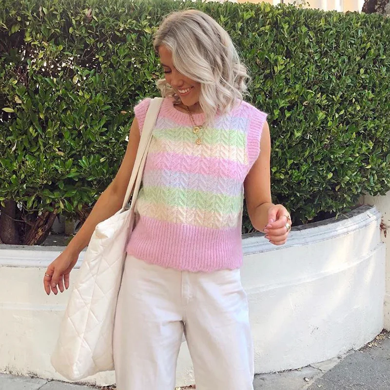 

Urifens Spring Summer 2021 Fashion New O Neck Rainbow Stripe Sleeveless Knitted Sweater Vest Casual Korean Sexy Top Jumper BN35U