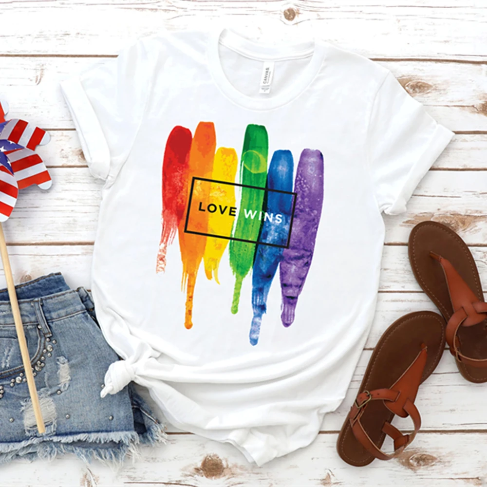 

Футболка с радужным рисунком Love Wins, футболка ЛГБТ-Прайд, радужная расцветка, футболки за равенство для лесбиянок, ЛГБТ-Прайд, Харадзюку, милы...