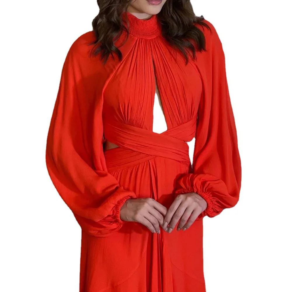 

Europe America Autumn New Women's Dress Solid Color Temperament Hollow Out High Waist Cross Lantern Sleeve Split Fork 2021