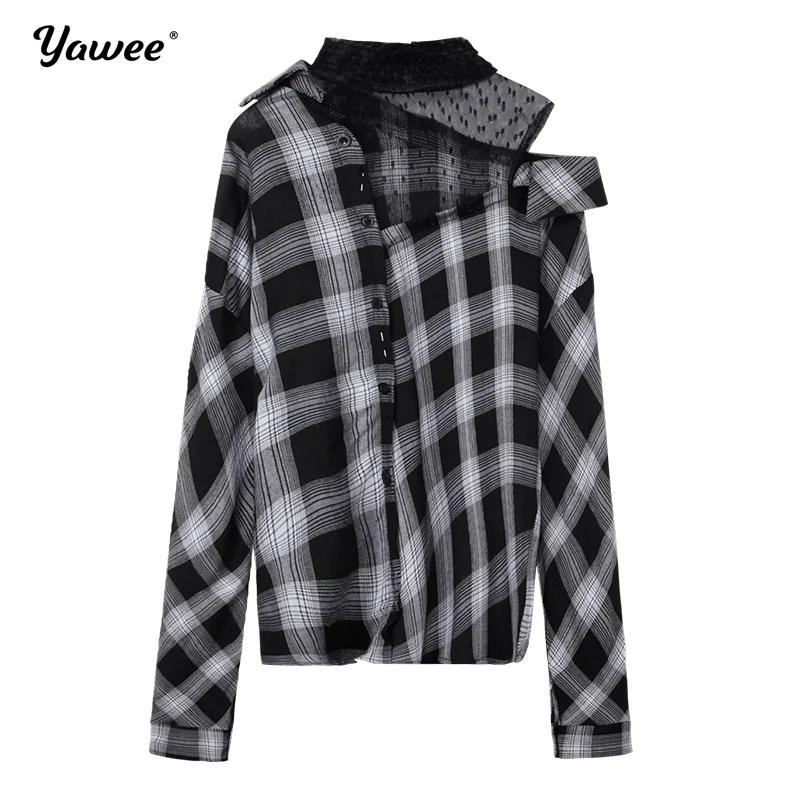 

Top Fashion Women Off Shoulder Sexy Shirts Celmia 2020 autumn plaid hollow out Blouse long Sleeve Casual Office Elgant Blusas