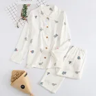 Пижамный комплект Женский из двух предметов, хлопок, двойная марля, Симпатичные штаны с длинными рукавами и мультяшным КАКТУСОМ, домашний сервис в японском стиле