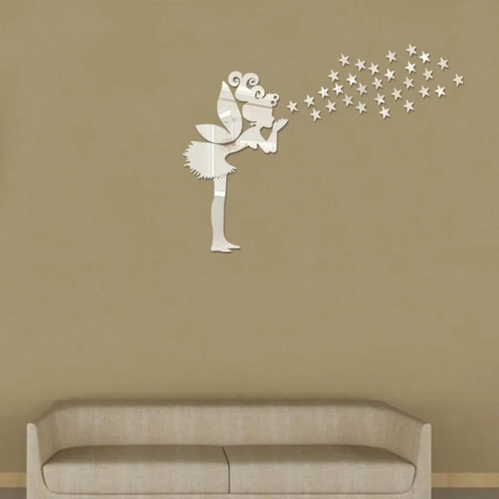 

Home Decoration Angel Fairy Maiden Stars Wallpaper Stickers silver color Acrylic Mirror Refrigerator window wardrobe kid bedroom