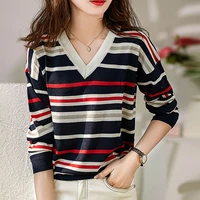 women sweater autumn winter 2022 v neck striped pull femme knitted pullover women contrast color loose long sleeve top ladies