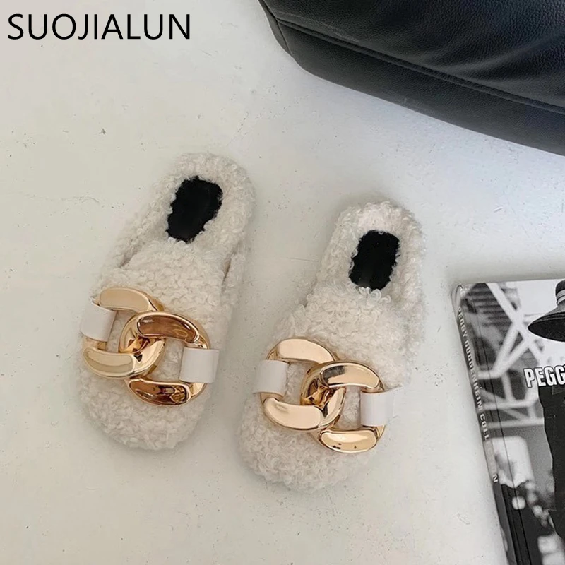 SUOJIALUN New Brand Gold Chain Women Mules Slippers Winter Warm Fur Slides Casual Flat Heel Flip Flops House Shoes Slip On Loafe | Обувь
