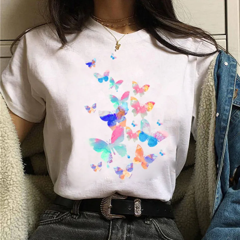 

Tshirt Women's Casual White Tops 90s Short Sleeve Girls Harajuku T-shirt Women Fashion Watercolor Butterfly Print Tees