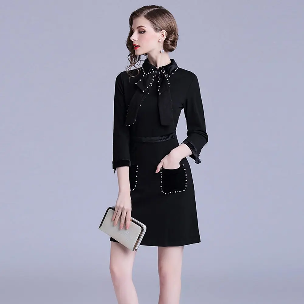 Женское вечернее платье HAMALIEL черное винтажное с рукавом три четверти и отложным