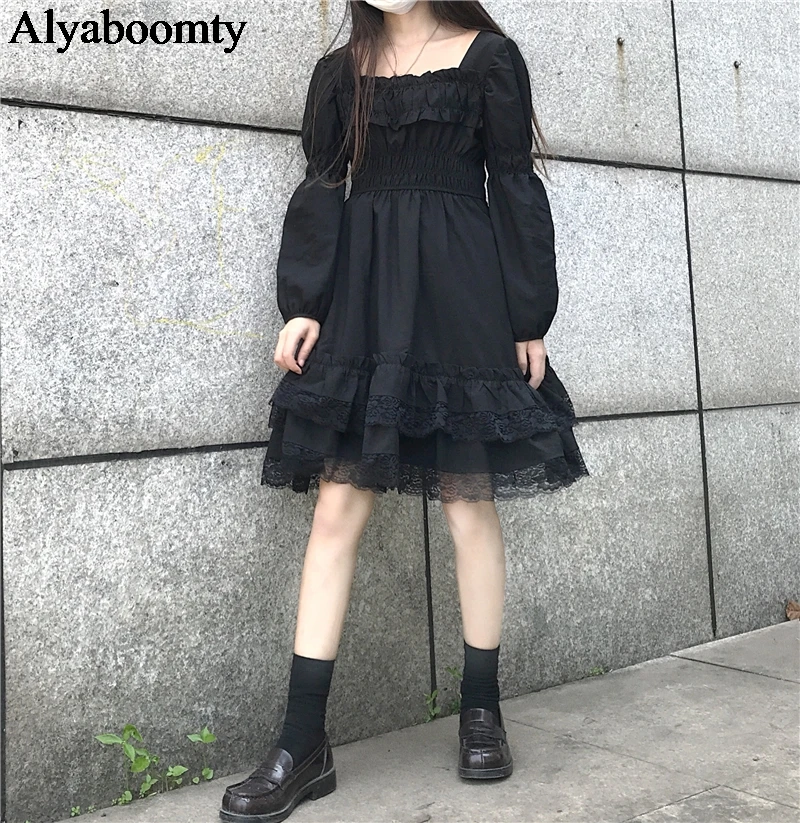 

Japanese Lolita Style Autumn Spring Women Dress Square Collar Bodycon Slim Punk Dress Layered Ruffles Kawaii Black Party Dresses