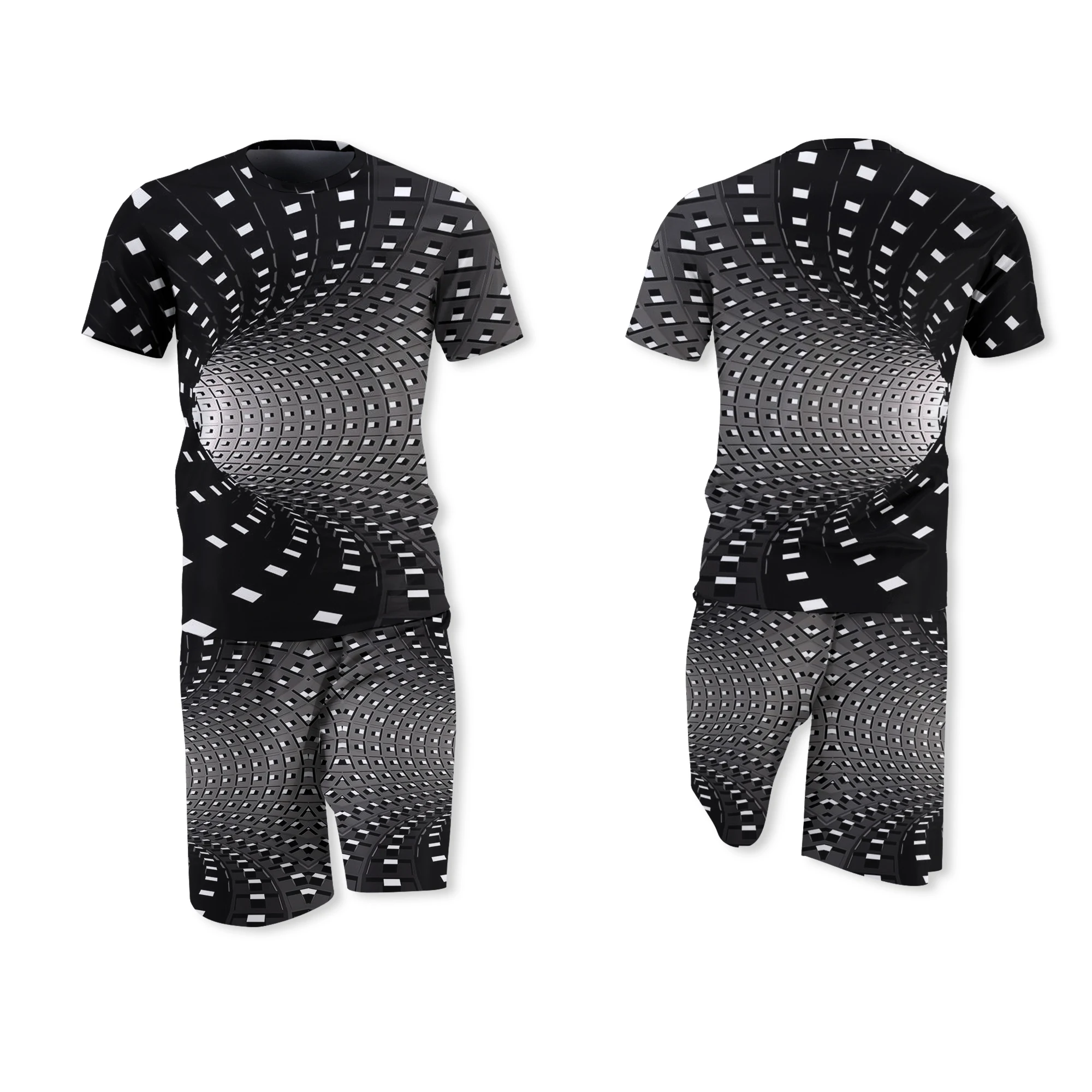 

Men's suit summer new fashion short-sleeved shorts two-piece time tunnel 3D vertigo printing couple hip-hop T-shirt sports suit