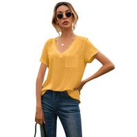 cinessd 2021 summer women tee shirts v neck short sleeves solid pocket casual tops office lady patchwork loose tshirt 9 colors