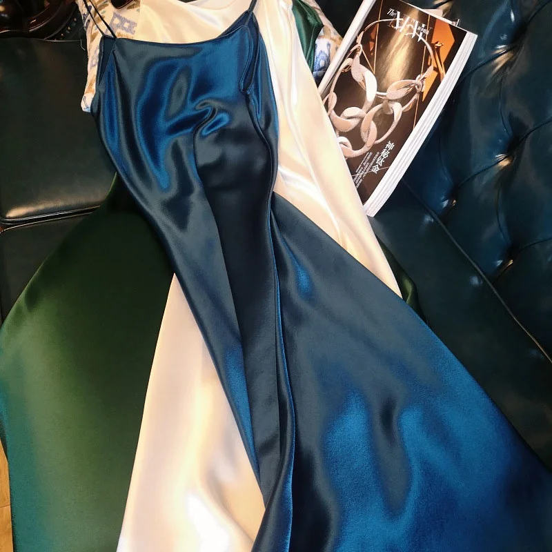 

2021 Summer Women Retro Long Satin Slip Dress Spaghetti Strap Elegant Lady Sexy Satin Party Dress Plus Size S-4XL