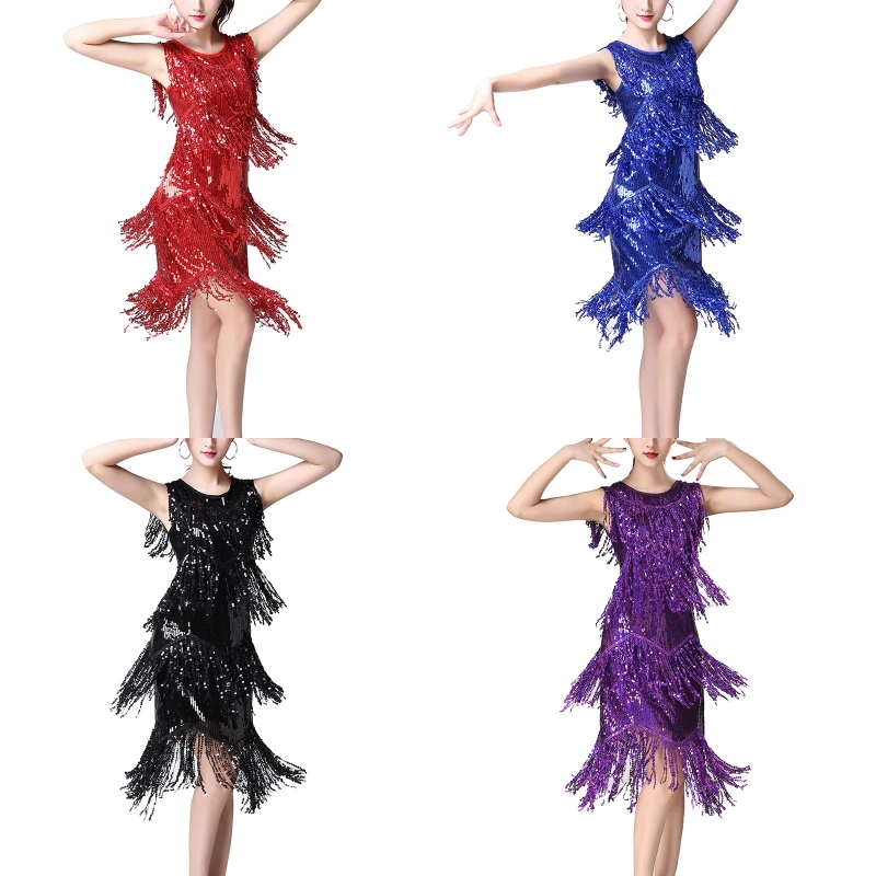Фото Платье для латинских танцев с бахромой многослойное платье без рукавов