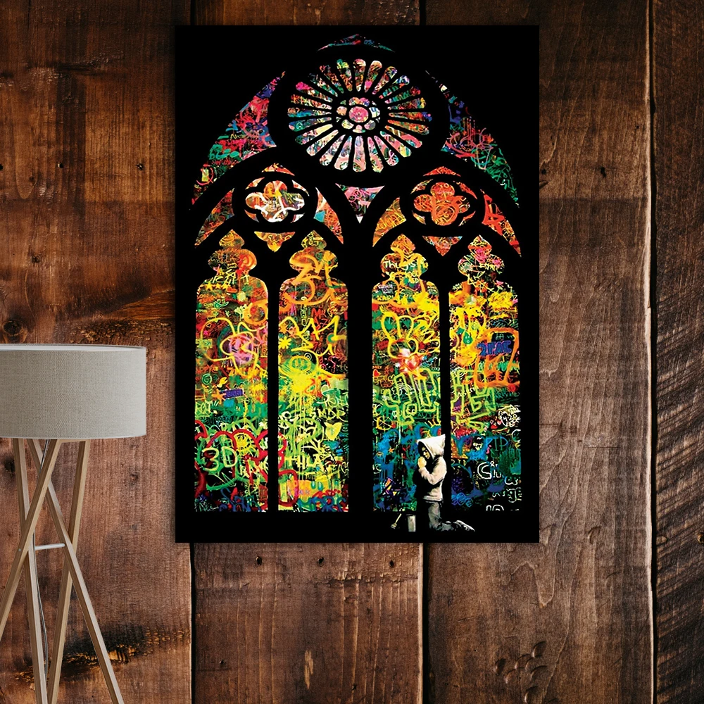 

Banksy Stained Glass Window Church Canvas Painting Moder Prints and Posters Cuadros Wall Art Pictures for Living Room Home Decor
