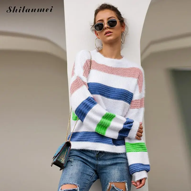 

Cotton Women Sweater 2019 Autumn Winter Loose Thermal Striped Womens Sweater Pullovers Fashion Female Casual Loose Pullovers