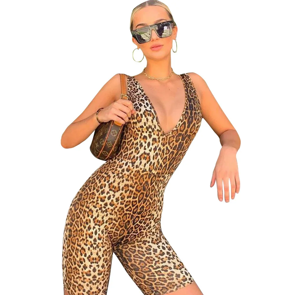 

Women Tiger Leopard print Tank Top V Neck Sleeveless Backless Slim Summer Playsuits Sexy Wild Casual Streetwear Jumpsuits Mujer