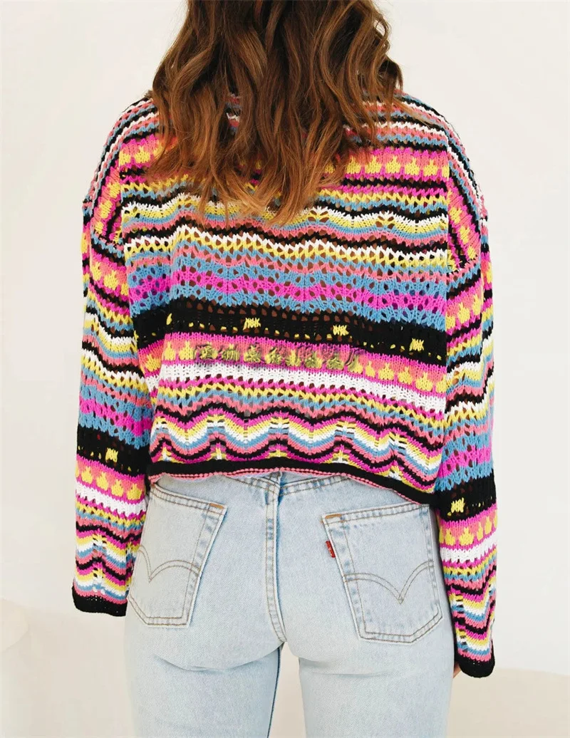 

2186 Women Sweater Patchwork Stripe Rainbow Colors Knit Pullovers O-Neck Loose Hollow Out Autumn Winter Fashion Comfortable Tops