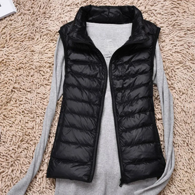 Women Sleeveless Vest Autumn Winter Warm Ultra Light White duck down Jacket Female Slim Veats Stand Collar Waistcoat