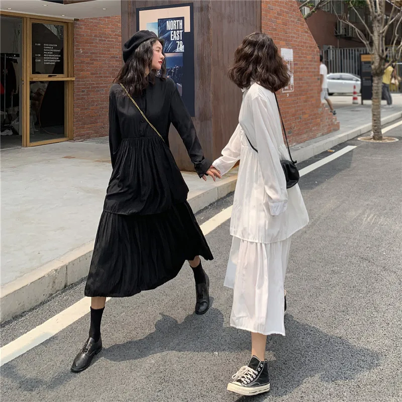 EAD 2020 spring new shirt dress female Korean temperament Slim loose waist lapel long sleeve chiffon black white | Женская одежда