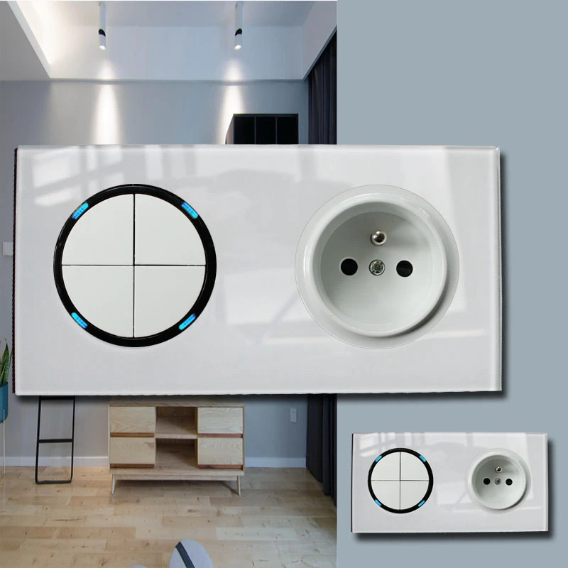 

146 Type 4 gang 2 way French switch Crystal Tempered Pure Glass Panel 13a Double Eu Standard Wall Power Socket Grounded white