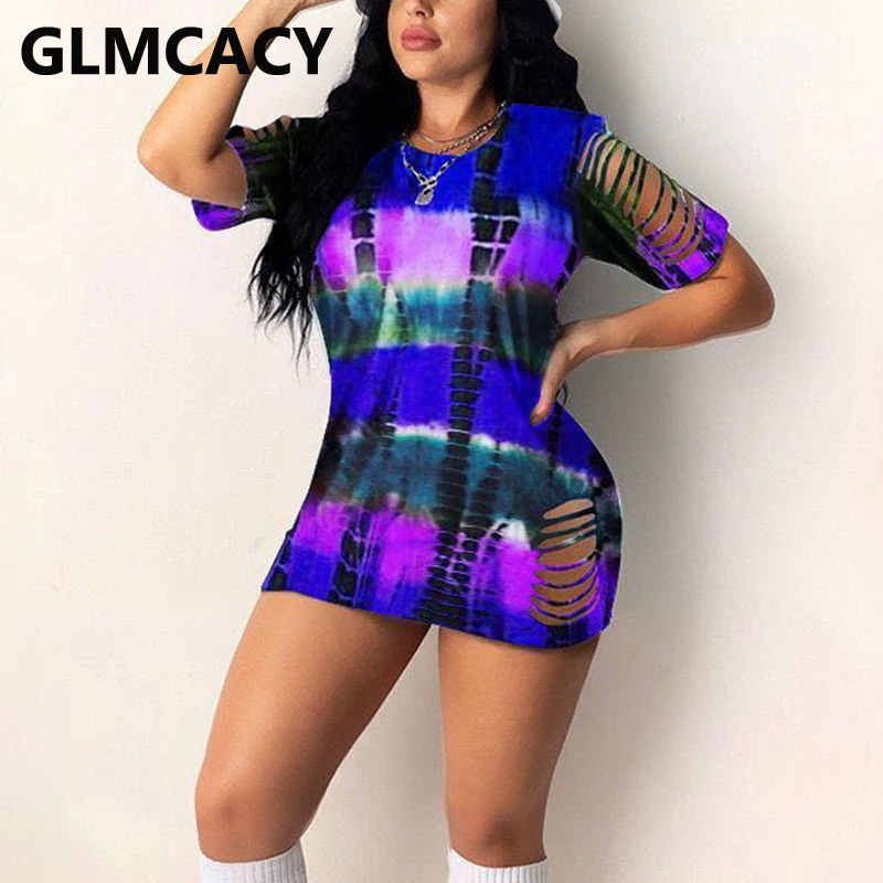 

Short Sleeve Abstract Printed Ripped Casual Tshirt Dress