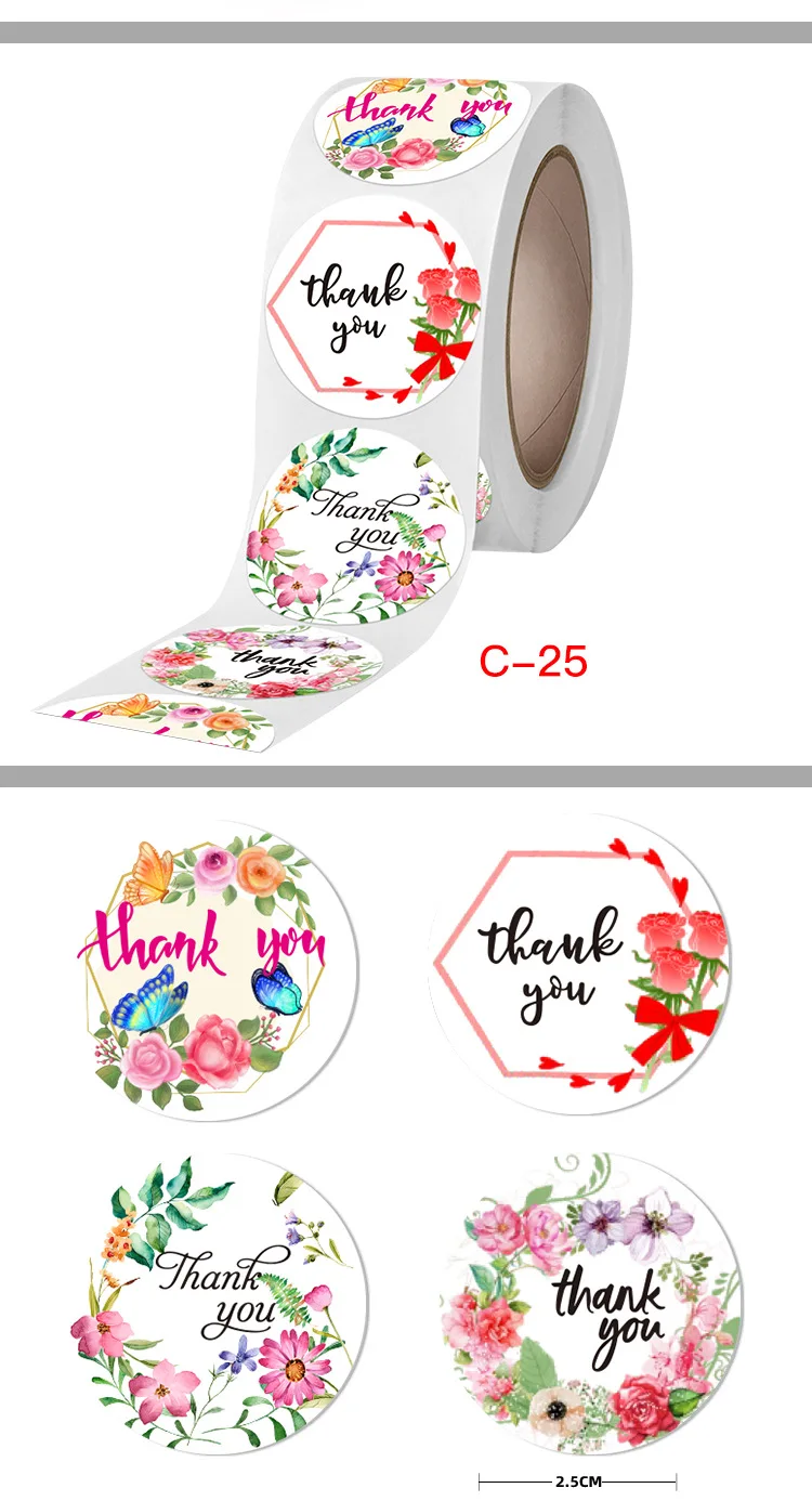 

500pcs/Roll Flower Thank You Stickers Seal Labels Gift Packaging Stickers Wedding Birthday Party Offer Stationery Sticker 2.5cm