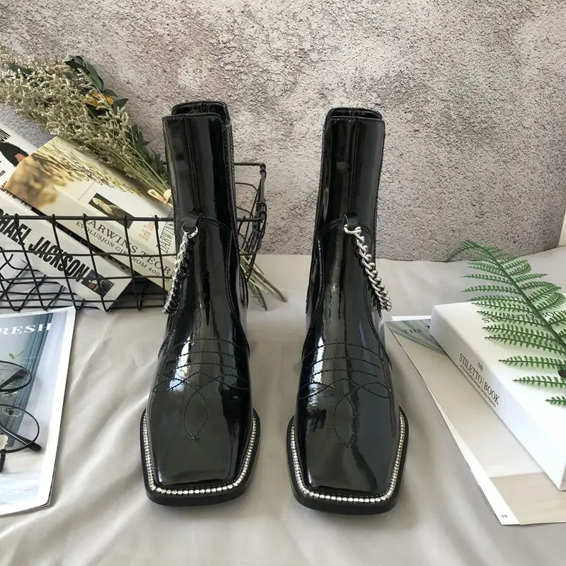 

Women's Patent Leather Mid-calf Boots Square Toe Chain Rhinestones Med Heels Shoes Chelsea Boots K7