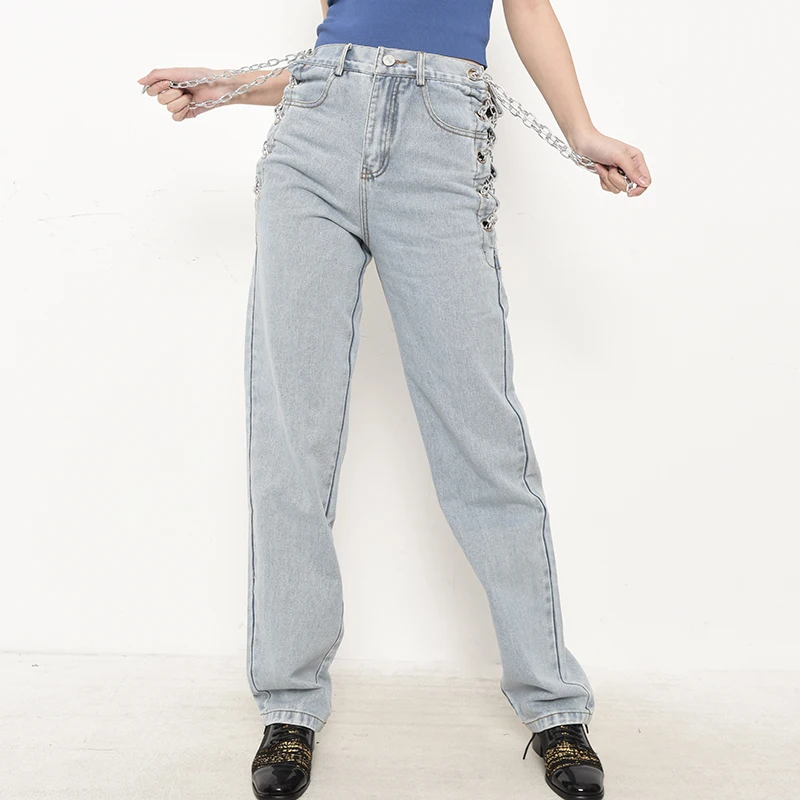 Женские джинсы с завышенной талией голубые свободные длинные широкие брюки