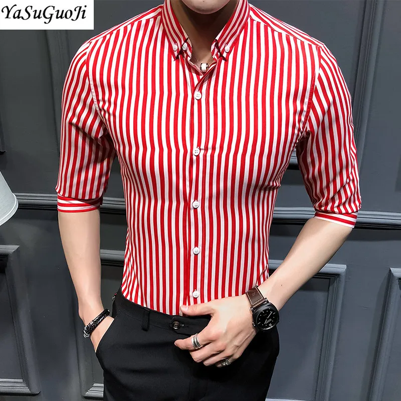 YASUGUOJI новые модели рубашек летние деловые повседневные Стиль Полосатый Slim Fit Три