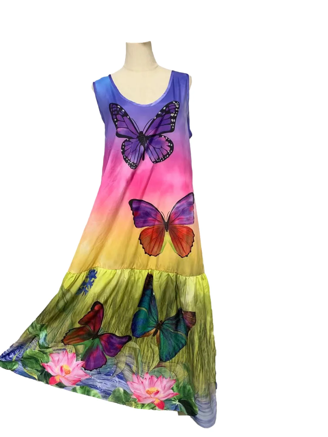 

Summer Loose Casual Hem Maxi Dress Vintage Rendering Butterfly Print Tank Long Dress Autumn Women V Neck Sleeveless Party Dress
