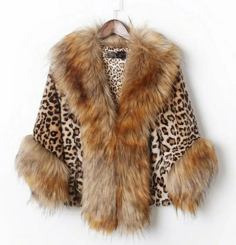 

Новая женская зимняя короткая меховая накидка, куртка с воротником из искусственного меха норки и леопардовым узором, модная верхняя одежд...