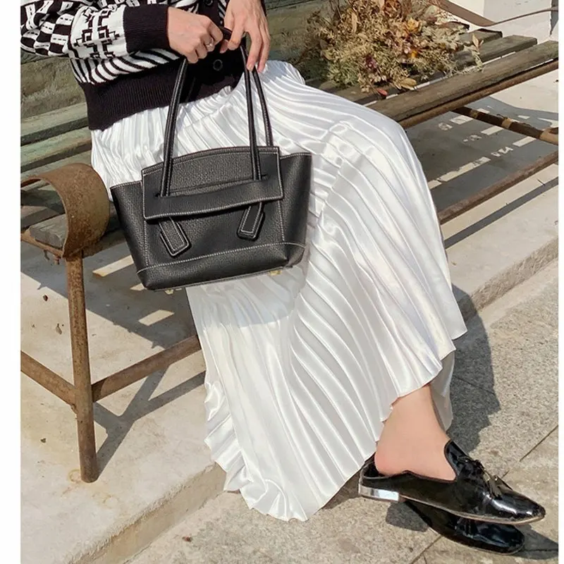 Юбка женская плиссированная атласная длинная винтажная юбка в Корейском стиле с