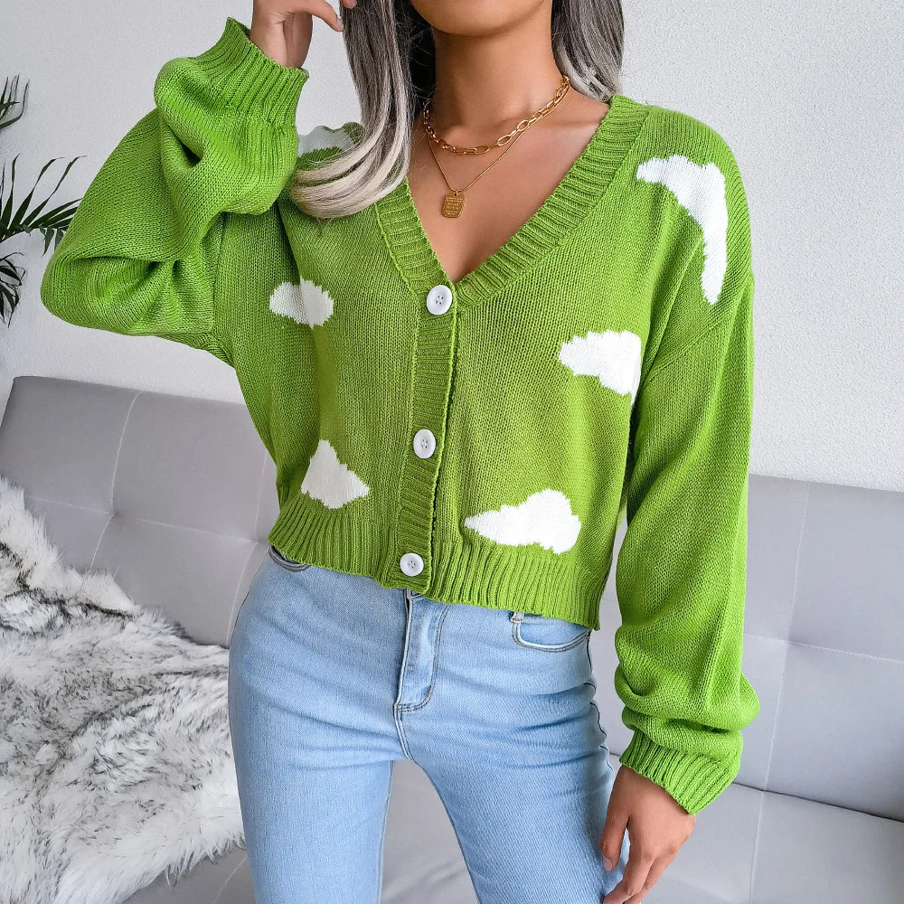 

Sweater Women Knitted Cardigans Harajuku Lazy Style Ladies V-Neck Button Cloud Print Cardigan Short Knitwear Top Dropshipping