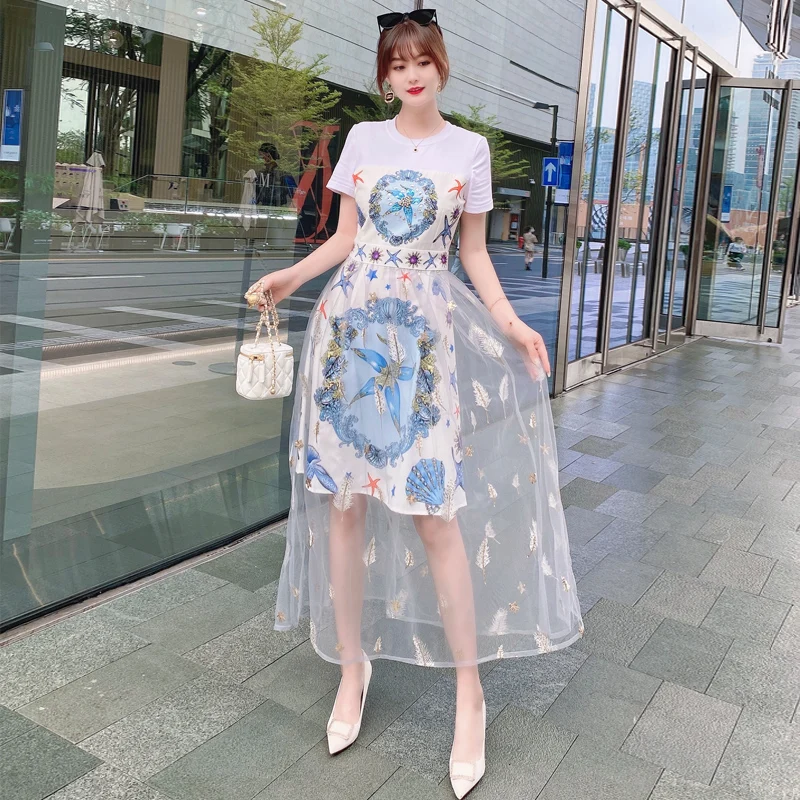 

Fashion Summer Quality New Summer New Women'S Dress Holiday Party Charming Diamonds Gorgeous Print Elegant Net Yarn Midi Dress