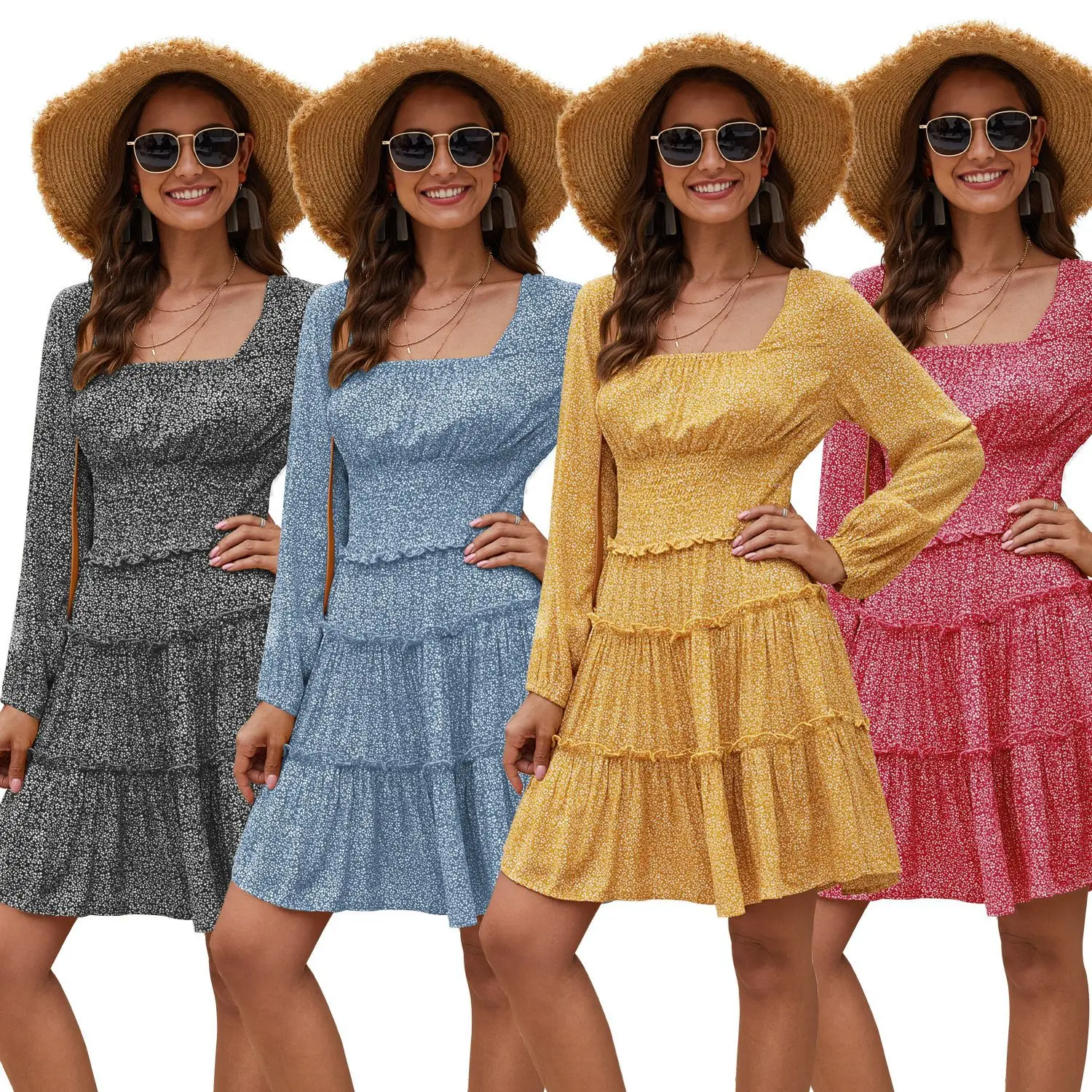 

New 2020 Women's Waist Cotton Ruffled Long Sleeve Dress