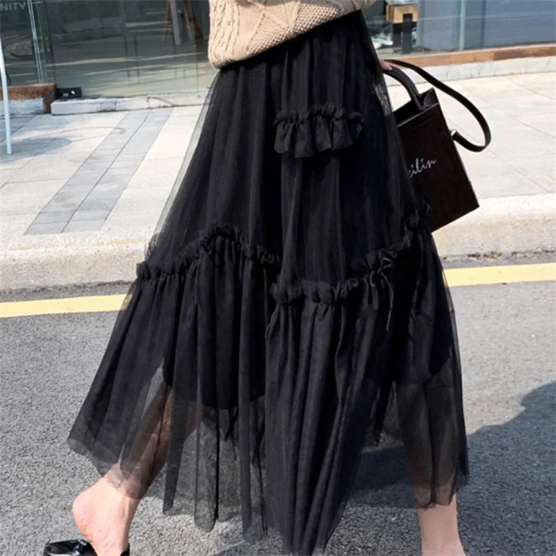 

Модные женские длинные юбки, сезон осень-зима 2022, сетчатая юбка в стиле пэчворк, американская повседневная юбка средней длины с высокой тали...